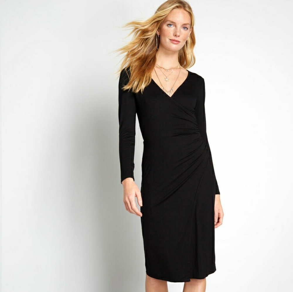 Knit on the town faux-wrap dress